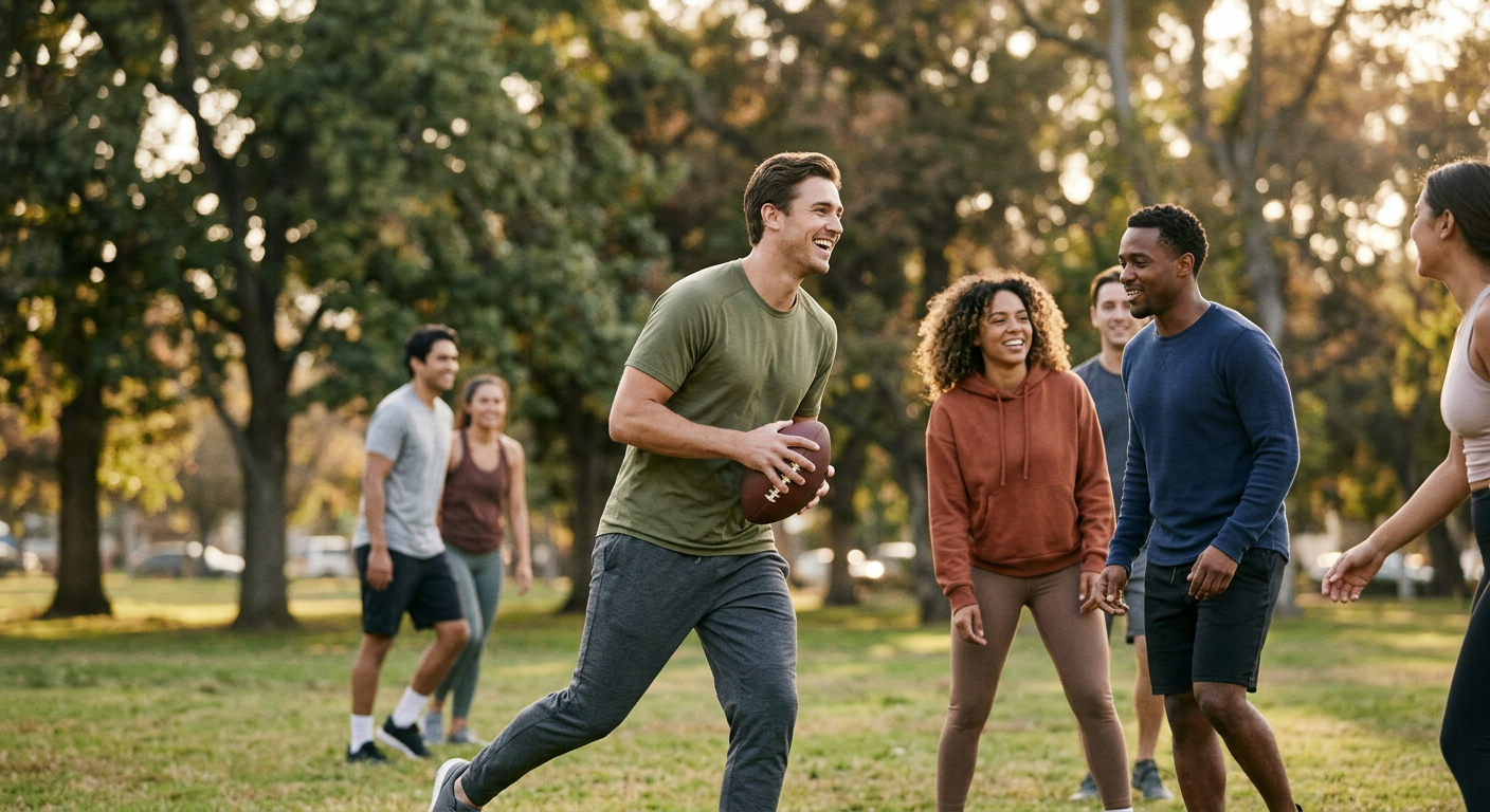 A young man playing sports with others in a calm outdoor setting